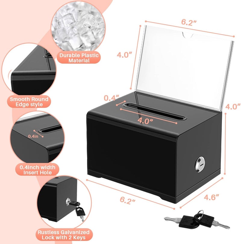 THUQ Clear Donation Box with Lock & Sign Holder, Versatile for Fundraising, Ballot Voting, Suggestions, and Tips Jar, Secure Storage Design, Size 6.2x4.6x4.0 Inch, Black 3 Pack - Image 5